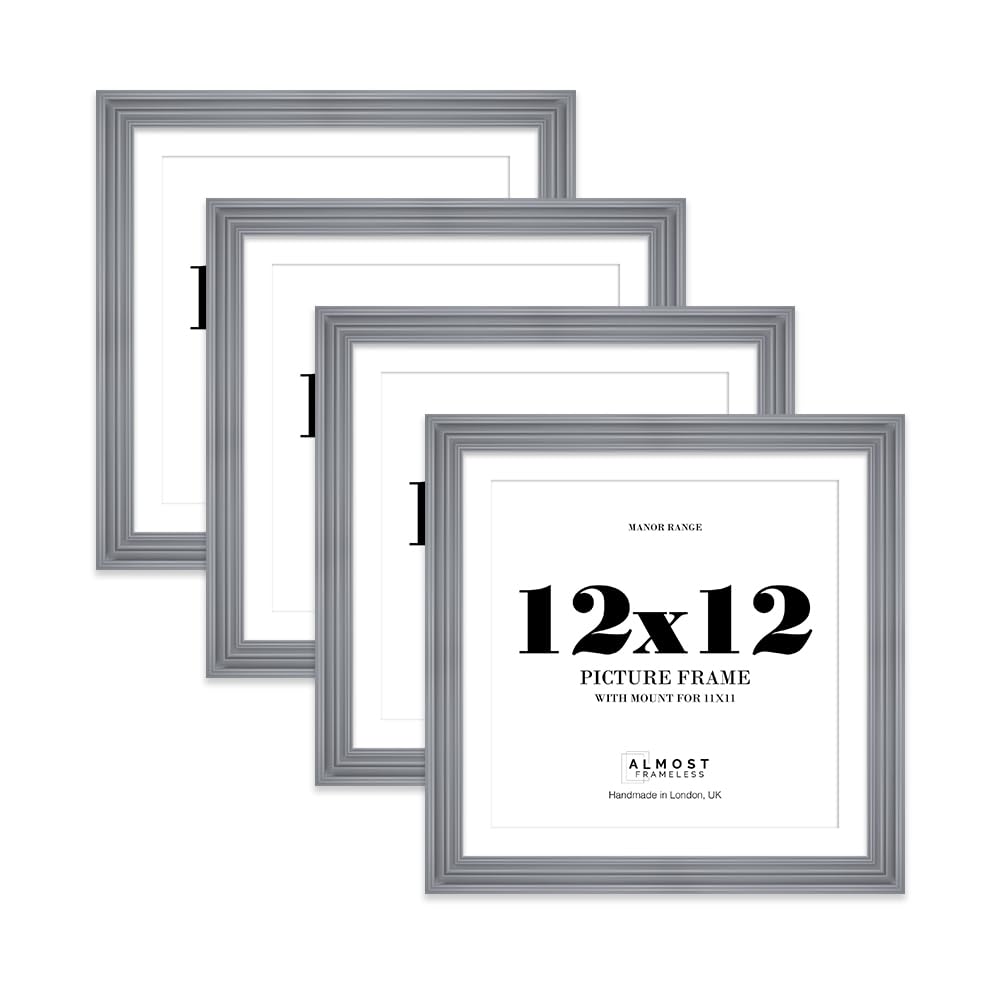 12x12" Grey Picture Frame - 12x12" Square Frame with 11x11" Mount for 12x12"/11x11" Pictures Art Deco Style Frame for Home Décor, 4 Pack