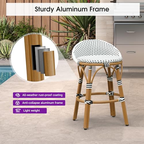Image of PURPLE LEAF Patio Oversized Backrest Counter Height Stool Set of 1 Outdoor Round Barstools Aluminum Frame in Bamboo Finish Woven Rattan for Indoor Kitchen Dining Bistros Cafe Restaurant White