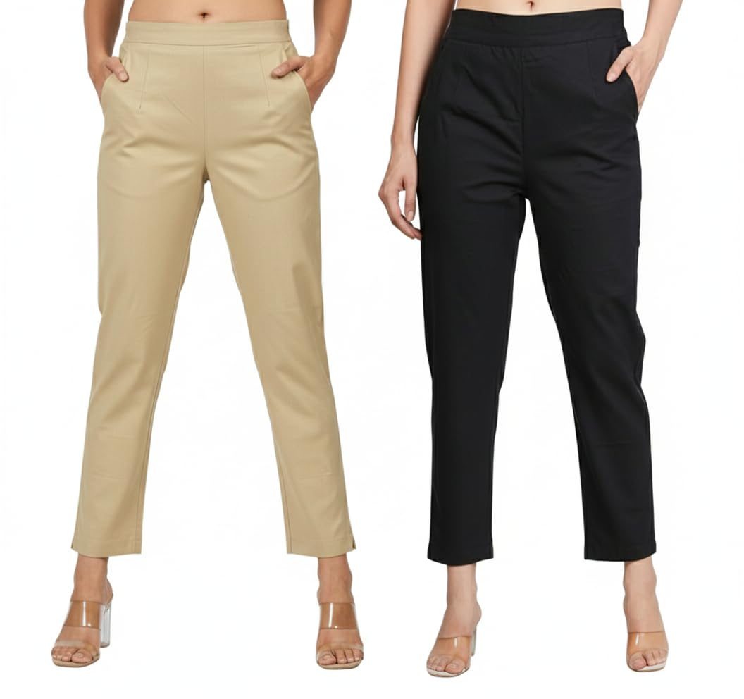venitywave Women's Soft Cotton Regular Fit Ankle Length Trouser Pants for Office & Casual Wear Mid Rise Solid Straight Pant, Pack of 2 Pc-picture-14