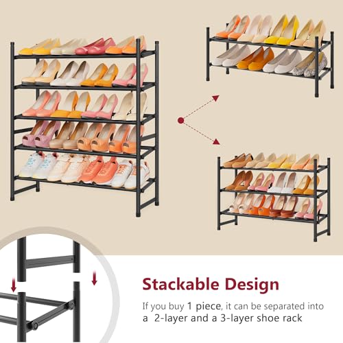 Image of Tajsoon Expandable Shoe Rack for Closet 5 Tier, 29 inch-41 inchAdjustable & Stackable Shoe Shelf Storage, Metal Shoe Rack Organizer for Front Door Entrance, Closet, Garage, Entryway, Black