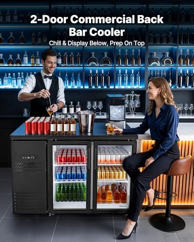 Image of VEVOR Back Bar Cooler, 11.8 Cu. Ft Counter Height Beverage Refrigerator, Commercial Display Fridge w / 2 Glass Doors, LED Lighting, Shelves, Fan Cooling Beer Wine Cooler for Pub, Merchandiser, Office