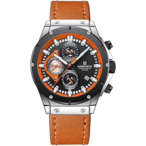 NAVIFORCE Fashion Genuine Leather Chronograph Quartz Watch for Men Auto Date Sport Waterproof Analog Wrist Watches (Orange) Cover