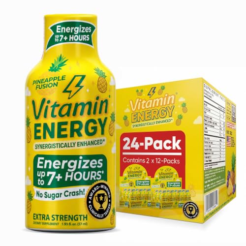Vitamin Energy Pineapple Fusion Extra Strength Energy Shot, 24 Pack - Up to 7 Hrs, 260mg Natural Caffeine, Zero Sugar - Green Tea Extract, Immune Support, B12 B6 Niacin, 1.93 fl oz, Keto Vegan