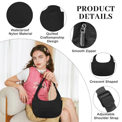 LJCZKA Small Puffer Crescent Shoulder Bag for Women Nylon Quilted Underarm Purses Puffy Handbags with Adjustable Strap4