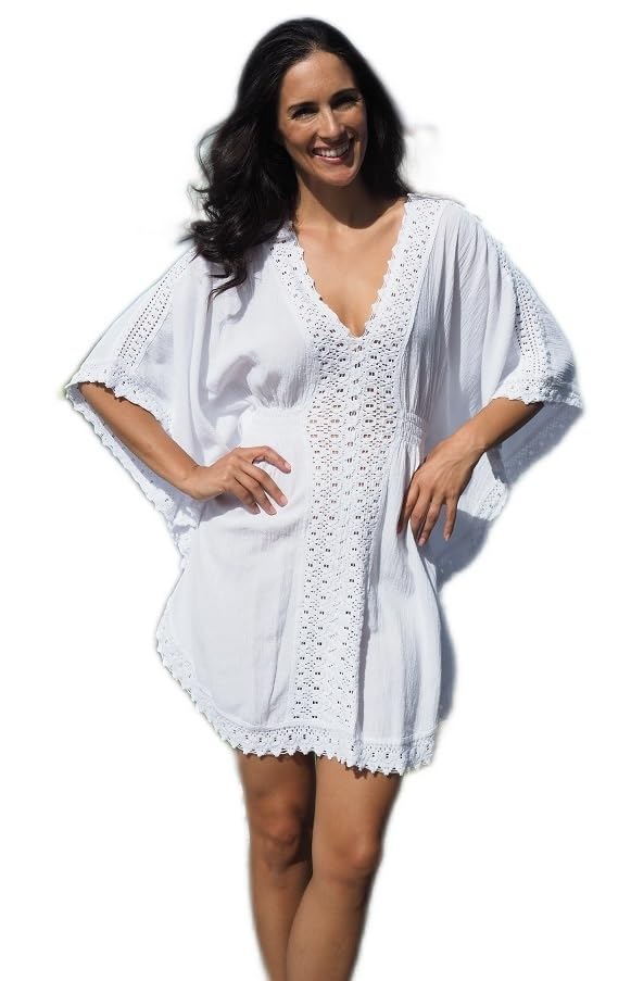 Cover-Up –100% Cotton, V-Neck Kaftan with Crochet Detailing, Lightweight Beach Dress, Resortwear, Made in Peru
