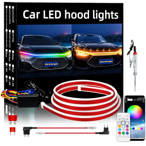 YM E-Bright Car Led Lights Exterior RGB Hood Light Strip Waterproof Multicolor Dynamic Scan Start Up Hoodbeam Kit DRL Daytime Running Lights for Cars,Truck,SUV,APP Remote Control,12V 59inch