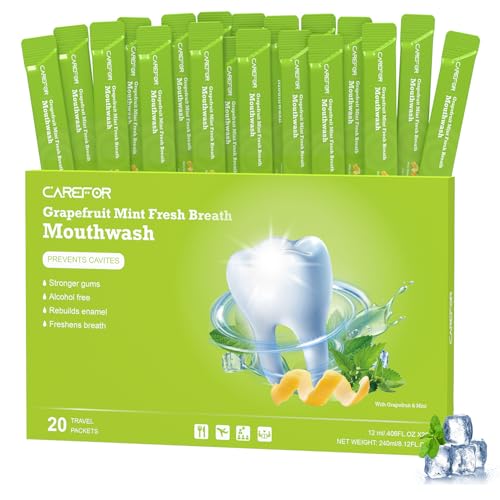 Travel Size Mouthwash Packets – Individual Mini, Alcohol & Fluoride Free, Grapefruit Mint Flavor, Mouthwash to Go for On-The-Go Freshness, Bulk Packets 0.41 Fl Oz (20)