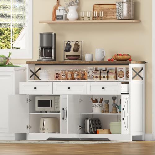 Credenza 140 cm, bianco marrone, credenza con 3 cassetti e 2 ante | Credenza in stile rustico con ante decorative a forma di X, 3 cassetti e 2 armadi, robusto MDF, molto spazio