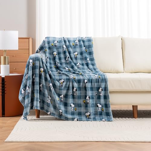 Image of Berkshire Blanket Peanuts VelvetLoft Cute Character Snoopy Plush Throw Blanket,Peanuts Snoopy Everyday Buffalo Plaid Navy Tonal,Throw 55 in x 70 in (Official Peanuts Product)