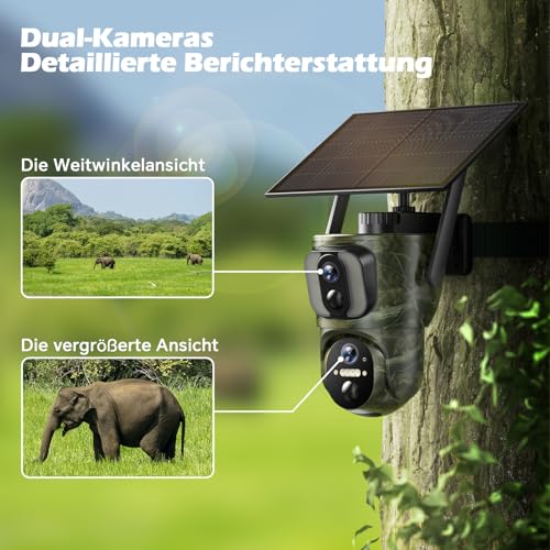 VOOPEAK 4G LTE Doppelobjektiv Wildkamera Solar, 1080P Live Übertragung, Wildkamera mit...