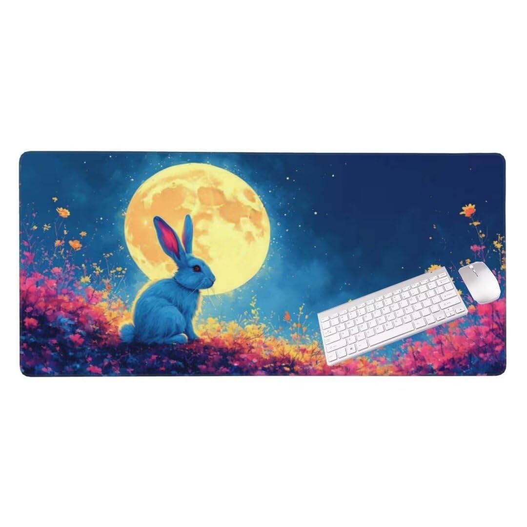 Alfombrilla de ratón 1400x600x3 MM, Alfombrilla Ratón XXL Extendida de Gran Tamaño con Bordes Cosidos, Base de Goma Antideslizante Almohadilla para Teclado, Conejo de la Luna S-12467