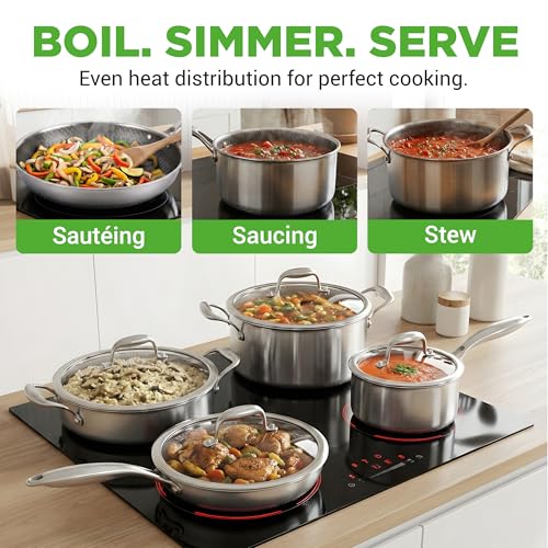 Image of NutriChef 8-Piece Triply Cookware Set Stainless Steel - Triply Kitchenware Pots & Pans Set Kitchen Cookware, Non-Stick Coating - Sauce Pot, Stew Pot, Cooking Pot, Frying Pan, Lids - NC3PLY8Z