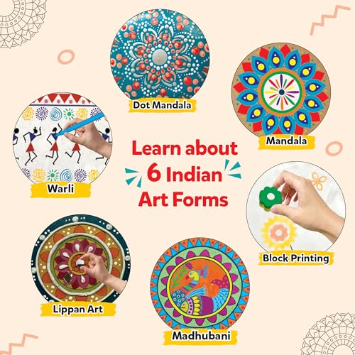 Image of Little Berry Indian Art Forms Kits | Paper, Wood Ultimate 6 in 1 DIY Art & Craft Kit for Kids | Create 20+ Projects | Learn Lippan, Warli, Block Printing, Mandala & Madhubani Painting Kit | DIY Toys