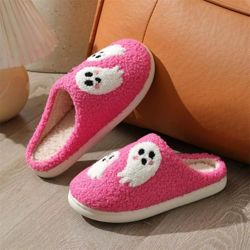 Halloween Slippers,Halloween Fuzzy Slippers for Women Men,Plush Warm Ghost Fuzzy Shoes,Holiday Slip-On Indoor Outdoor Anti-Skid Sole Cozy House Slipper Soft Bedroom Shoes3