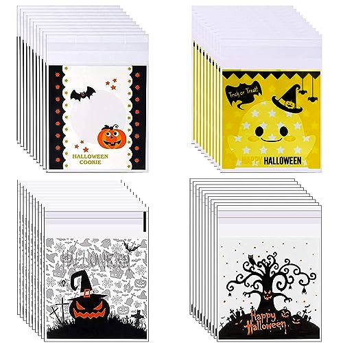 200 peças saco de doces de Halloween, sacos autocolantes para truque ou tratamento, saco de bolachas de Halloween para doces, presente para festa de Halloween chocolate, bolo (4 estilos)