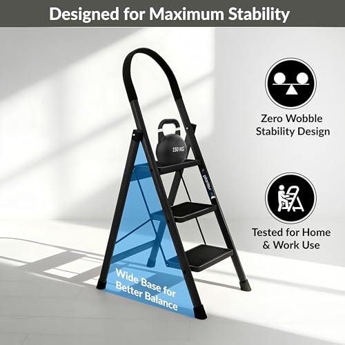Image of Plantex Ladder for Home 3 Steps /Foldable Ladder with Anti-Skid Wide Steps (30L x 20W cm) /Strong D-Shape Pipe with X-Support for More Stability /5 Year Warranty(Apex-Black)