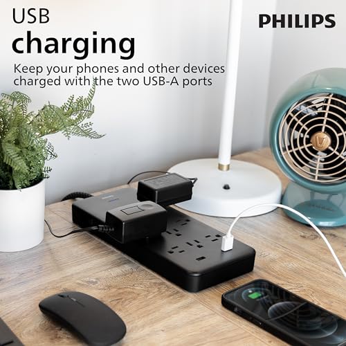 Image of Philips Surge Protector Power Strip, 6 Ft Braided Extension Cord, 2880 Joules, 10 Outlet Extender (Wide Spaced), 2 USB-A, Flat Plug, Home Office Dorm Essentials, ETL Listed, Black, SPP3403B /37