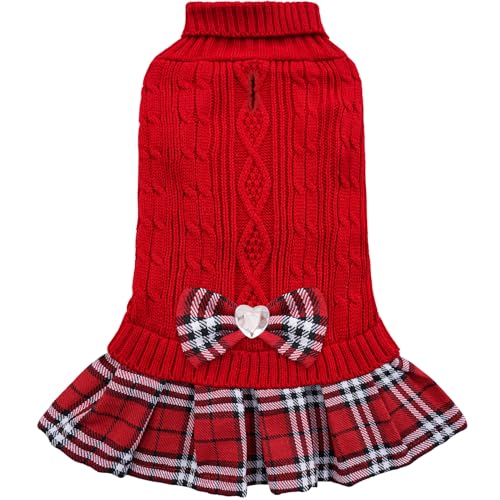 YUDODO Dog Sweater Dress for Small Dogs Girl with Bowtie Winter Warm Dog Turtleneck Sweater with Leash Hole Soft Puppy Knitwear Clothes Cute Doggie Dresses for Yorkie Chihuahua (Red, S)