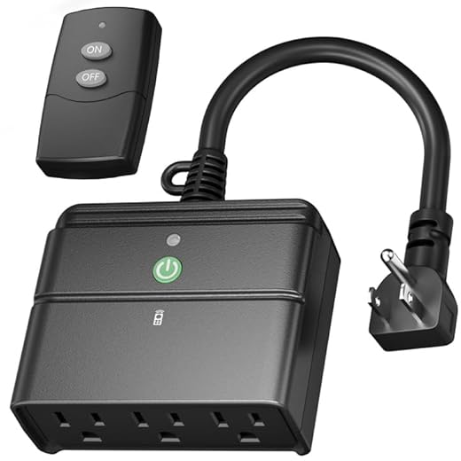 BN-LINK Outdoor Indoor Wireless Remote Control 3-Prong Outlet Weather Proof Heavy Duty 15 AMP Compact (Black) 3 Grounded Outlets with Remote 6-inch Cord 100ft Range ETL Listed (Battery Included)