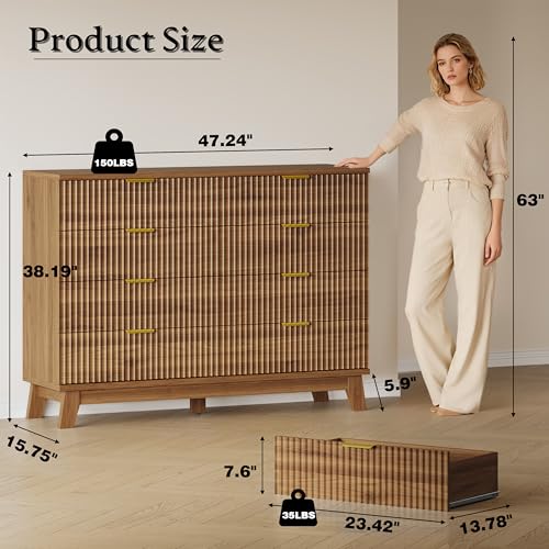 Image of BORNOON Fluted 8 Drawer Tall Dresser, 47.2 inch Wide Modern Boho Chest of Drawers, Wooden Storage Dresser TV Stand for Bedroom, Living Room, Closet, Hallway, Curved Profile Design