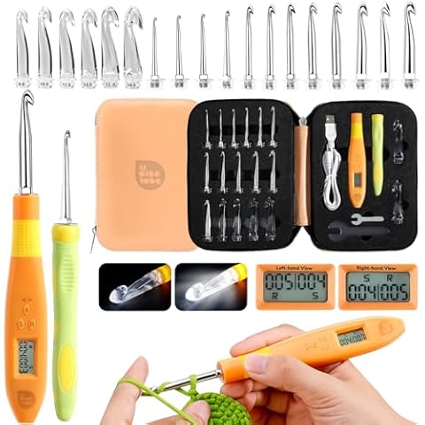 18 Size Light Up Crochet Hook Set - for Left & Right Hander Counting Crochet Hooks, Ergonomic Crochet Hook Set with LED Lights and Digital Crochet Stitch Counter, Rechargeable Lighted Crochet Hooks Cover