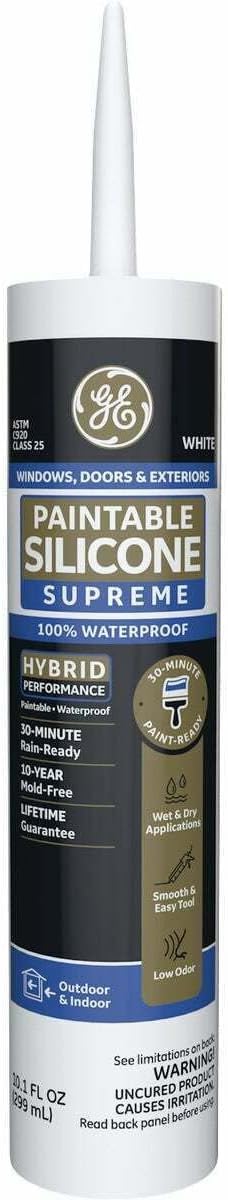 GE Supreme Paintable Silicone Caulk for Window & Door, White, 9.5 fl oz Cartridge, 1 Pack - 100% Waterproof Silicone Sealant, 7X Stronger Adhesion, Freeze & Sun Proof