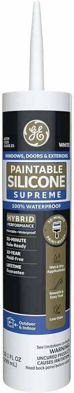 GE Supreme Paintable Silicone Caulk for Window & Door, White, 9.5 fl oz Cartridge, 1 Pack - 100% Waterproof Silicone Sealant, 7X Stronger Adhesion, Freeze & Sun Proof