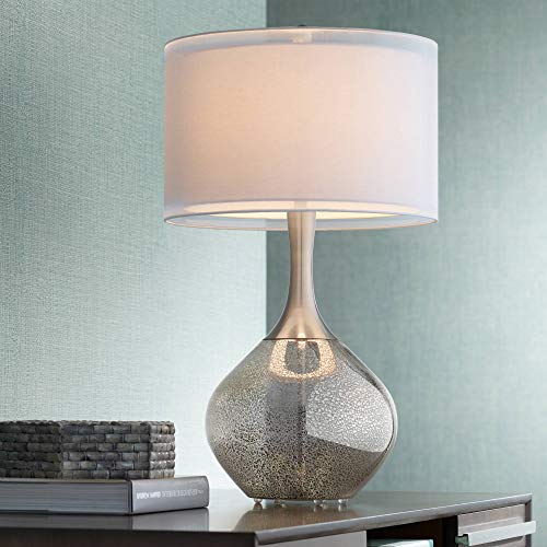 Swift Modern Contemporary Style Table Lamp Mercury Glass Silver Sheer Twin Drum Shade Decor for Living Room Bedroom House Bedside Nightstand Home Office Entryway Reading Family - Possini Euro Design