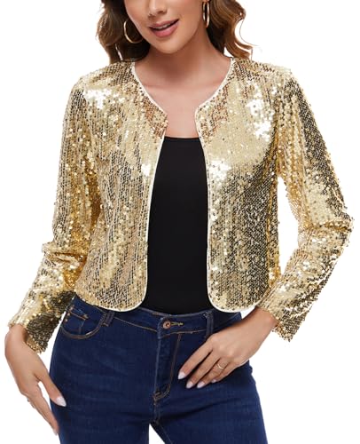 Image of MINTLIMIT Women's Sequin Jacket Long Sleeve Open Front Sparkly Shrugs Glitter Cropped Bolero Cardigans