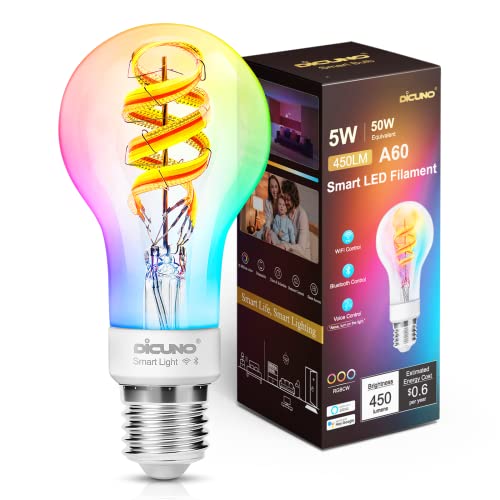 DiCUNO White Filament A60 LED Smart Bulb E27, 5W Dimmable Smart Connected WiFi Clear Light Bulb, 450LM, Works with Alexa