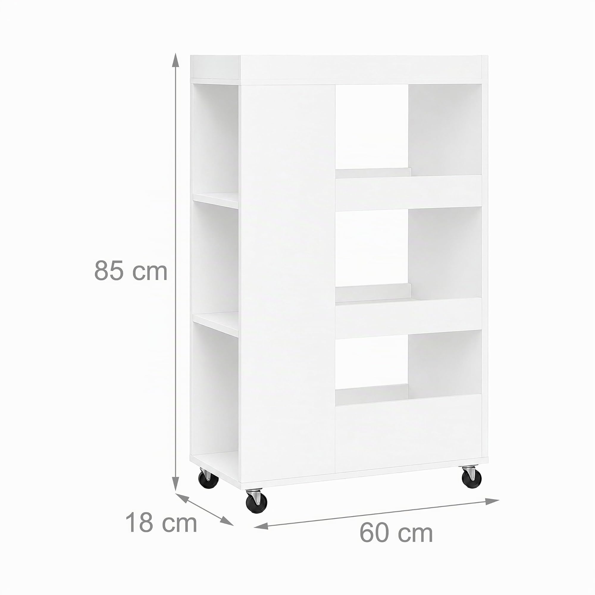 Relaxdays Carrito de nicho, Altura 85 x 18 x 60 cm, estantería Estrecha para baño y Cocina, 4 Niveles, con Ruedas, Aspecto de Madera, Color Blanco
