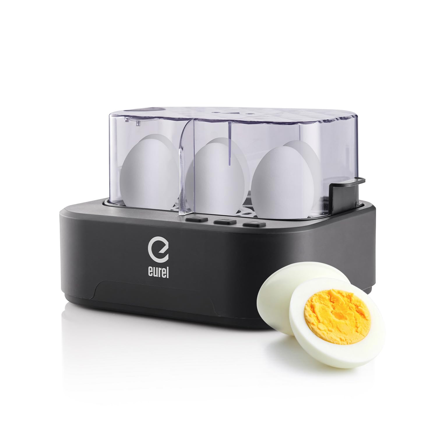 EUREL Smarter KJ42 - Cuociuova 3 in 1 per 6 uova, senza BPA, assistente vocale, funzionamento a un pulsante, con misurino e piekser per uova, spegnimento automatico, nero opaco