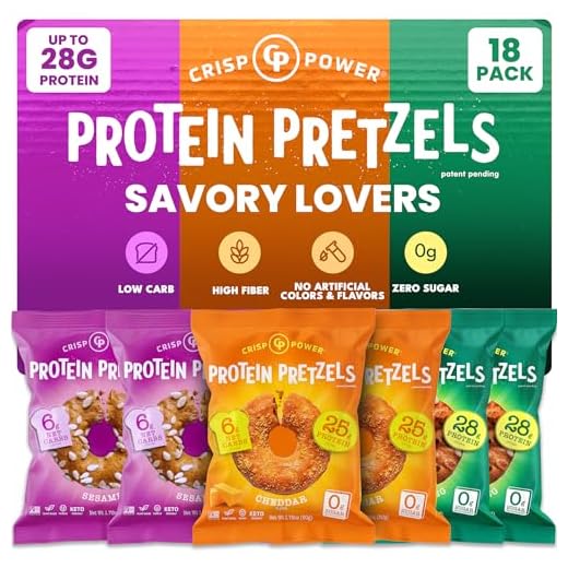 CRISP POWER Protein Pretzel Snack Bundle – Sesame, Cheddar, & Everything (6 Packs Each) – Up To 28G Protein Per Pack, Low Carb, Vegan, Keto, Baked, Savory Pretzel Bites