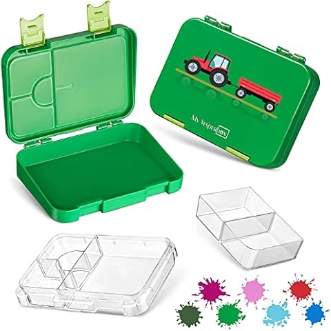 My Vesperbox Bento Box Children's Lunch Box with 4 + 2 Compartments Extremely Robust Lunch Box Ideal for Nursery and School (Green - Tractor with Trailer) Cover