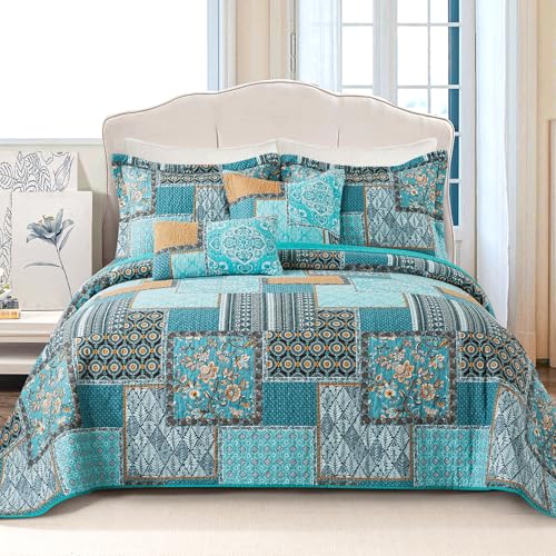 VAPUTAR Cotton Quilt Twin Size Bedding Set - 2 Pieces, Farmhouse Twin Size Quilts, Lightweight Reversible Coverlets Bedspreads for All Season (Teal/Green Chic)