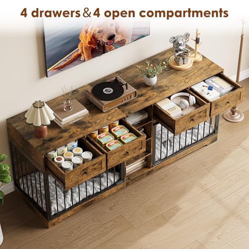 GarveeHome 82” Double Dog Crate Furniture, Large Dog Kennel Indoor for 2 Dogs, Heavy Duty Wooden Dog Crate TV Stand with 4 Drawers and Shelves, Brown