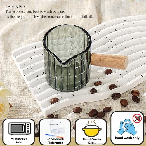 Steviieden Espresso Cups Set of 2, 4 OZ Shot Glasses with Handle, V-Shaped Mouth, Ribbed Milk Frothing Jug, Glass Measuring Cup, Coffee Bar Accessories (Gray) - Image 5