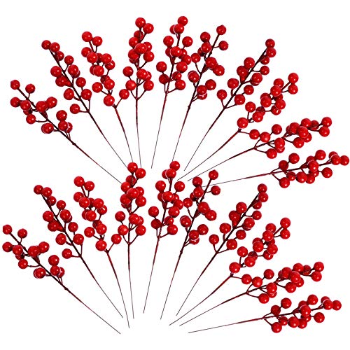 NUOBESTY 20pcs Artificial Red Berry Picks Christmas Burgundy Holly Berry Picks Floral Twig Stems for DIY Xmas Tree Decorations Crafts Wedding Party