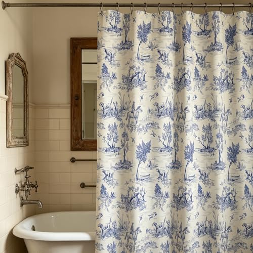 MUGINYU Rideau de douche en toile de Jouy en lin 183 x 183 cm – Paysage de campagne bleu avec moutons, chiens, arbres, décoration de bain de ferme