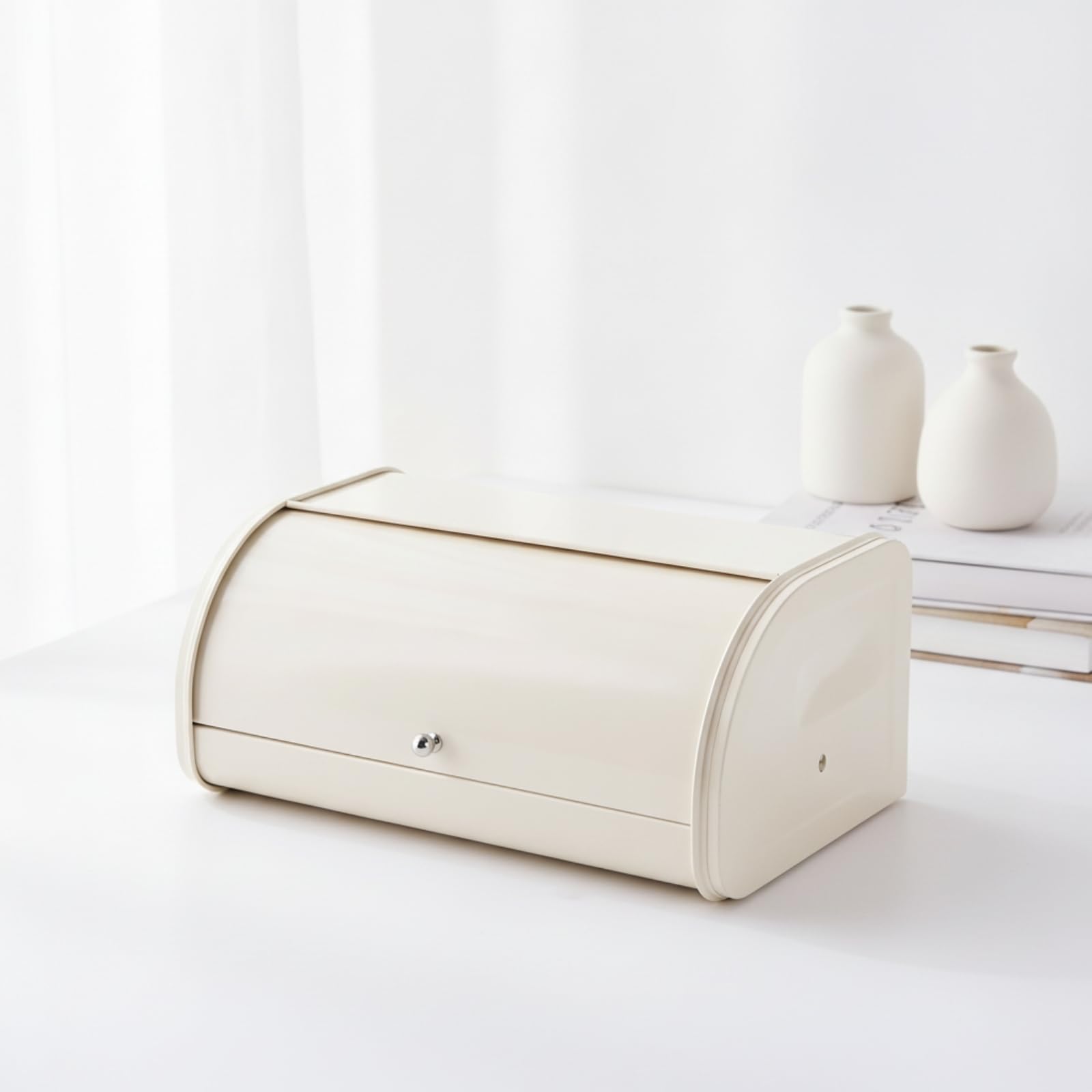 Ronyme Caja Japonesa Metálica con Tapa Enrollable Estilo Nórdico Contenedor Pan Escandinava Metal Contorno bajo para Estación Refrigerios Familiar,