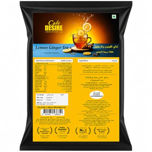 Image of Cafe Desire I Drink Success Lemon Ginger Tea Premix 1 kg | Instant Black Tea with Lemon & Ginger | Makes 100 Cups | Just Add Hot Water | Beverage Premix for Office Home & Vending Machine - CD167
