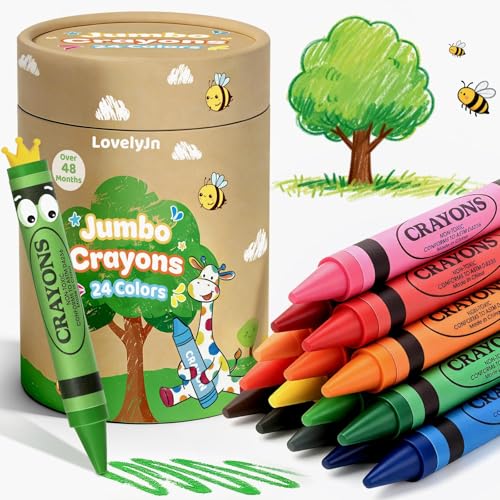 LovelyJn 24 Colors Jumbo Crayons for Toddlers 1-3 2-4 Non-Toxic Washable Crayons for Kids Ages 3-5 4-8 6-8 School Art Supplies Classroom Must Haves Ideal Coloring Set Gifts for Boys Girls