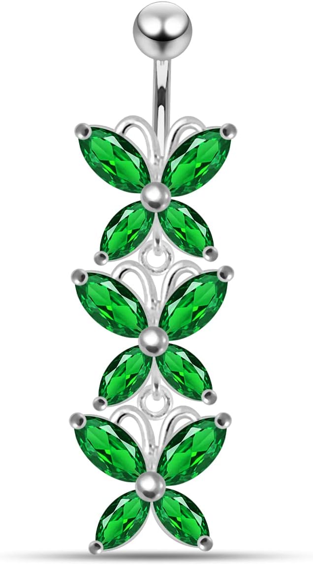 Stylish Triple Marquis Butterfly Dangling Design 925 Sterling Silver with Stainless Steel Belly Ring - Belly Button jewelry - Navel jewelry