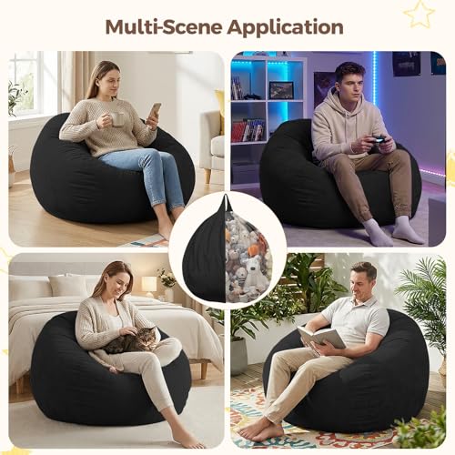 Image of Stuffed Animal Storage Bean Bag Chair Cover for Adults (No Filler), Soft Comfy Velvet Beanbag Chair Cover Machine Washable, Adults Bean Bag Chair with Handle for Living Room Bedroom, Black
