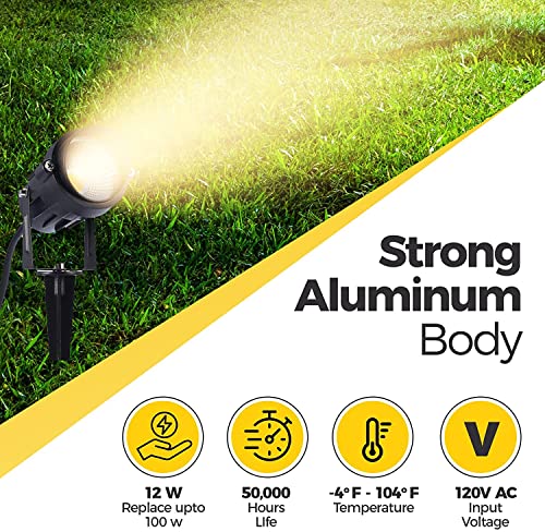 Lcared 12W Spot Lights Outdoor Led Landscape Lights 120V Ac Waterproof Spotlights For Yard Patio,Lawn, Wall, Flood,Driveway,Warm White Tree Lighting,Metal Ground Stake (4 Pack) #TOP5