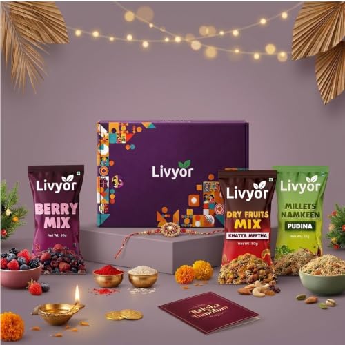 Image of Livyor Happy Rakhi Gift Hamper for Brother with Set of 1 Rakhi Roli Chawal, Khatta Meetha Dry Fruits Snack, Pudina Millet Mix, Berry mix, 150g, Rakhi gift combo for brother and bhabhi.