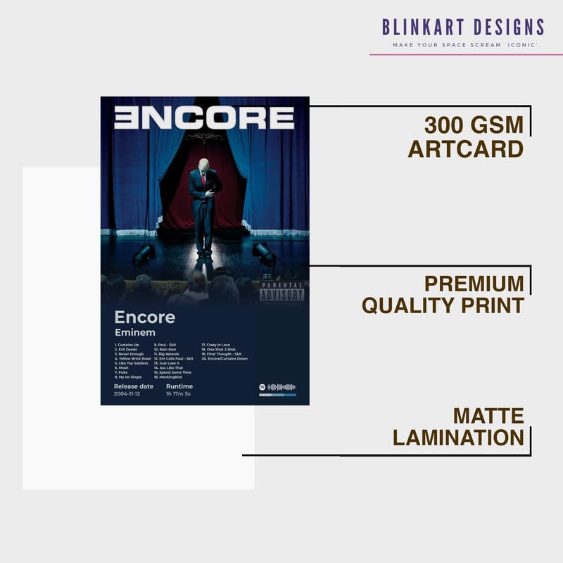 Image of BLINKART Eminem- Encore Wall Photo Frames | Wall Art for Bedroom, Living Room, Studio or Office | Album Cover Print with Spotify Song Link QR Code | Gift for Fans - 8x12 In