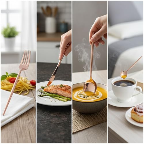 Image of 15 Pcs Rosegold Cutlery Set for Dining Table the Perfect Lightweight Silim Handle Tableware Including Dinner Spoon, Dinner Fork, Dinner Knife, Dessert Spoon & Dessert Fork