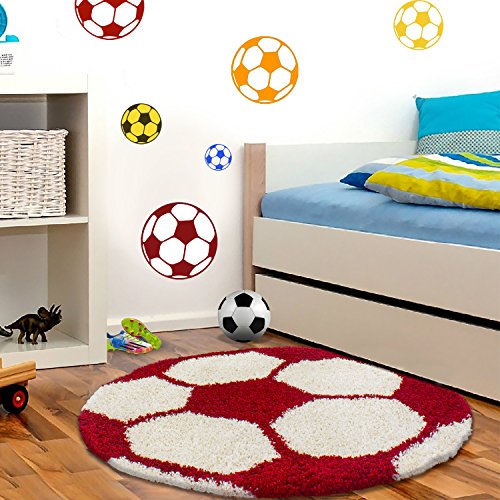Carpettex Kinderteppich Fußball-Design Rot 100 cm Rund - Hochflor Teppich Kinderzimmer für...