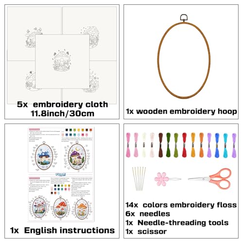 Image of ORIGACH 5 Pack Mushroom Embroidery Kits for Beginners, DIY Stamped Cross Stitch Kit with Mushroom Patterns Hoops Needles Threads and Instructions for Adults Embroidery Craft Lover